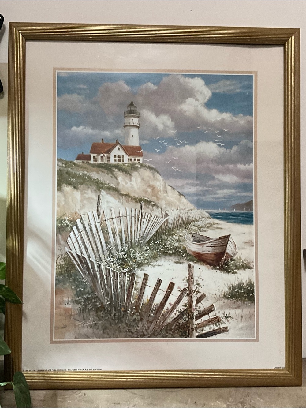 VTG Framed T C Chiu Art Print Lighthouse with Deserted Canoe